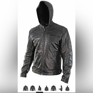Men’s black leather jacket with removable hoodie and level 3 armors 2XL